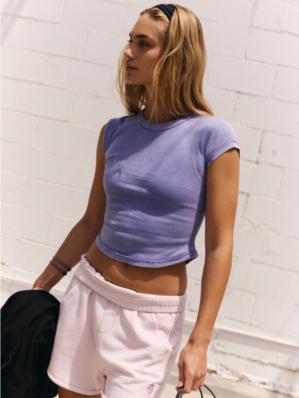 FP Movement by Free People Ribbed Baby Tee Lavender Cap-Sleeve Crop Tee